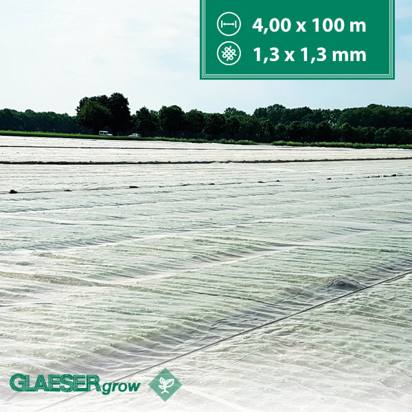 GLAESERgrow Kulturschutznetz 4,00 x 100 m | Feinmaschiges Insektenschutznetz 1,3 x 1,3 mm | Schädlingsschutznetz | Transparentes Gemüseschutznetz | Gemüsenetzt & Gartennetz