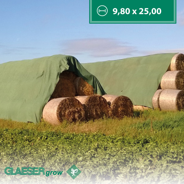 GLAESERgrow Strohschutzvlies Grün | 9,80  x 25,00 m Heuballenschutzvlies | Atmungsaktives Getreideschutzvlies | Luftdurchlässig u. Wasserabweisend