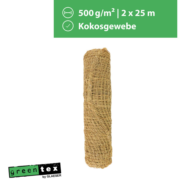 greentex® Kokosgewebe 500g/m² | 2m x 25m | Böschungsmatte | Ufermatte | Erosionsschutzmatte